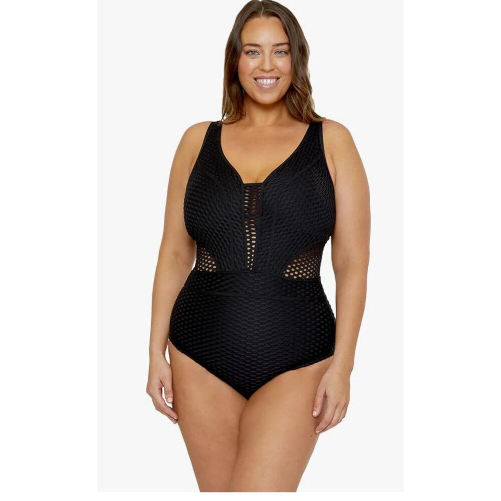 BECCA Castaway Plus Tummy Control One Piece Plunge Neck Size 2X 20-22 $158